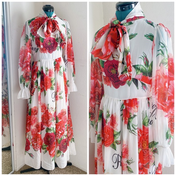 STUNNING RED FLORAL BRIDGERTON PRINCESS MAXI DRESS. - Picture 1 of 14